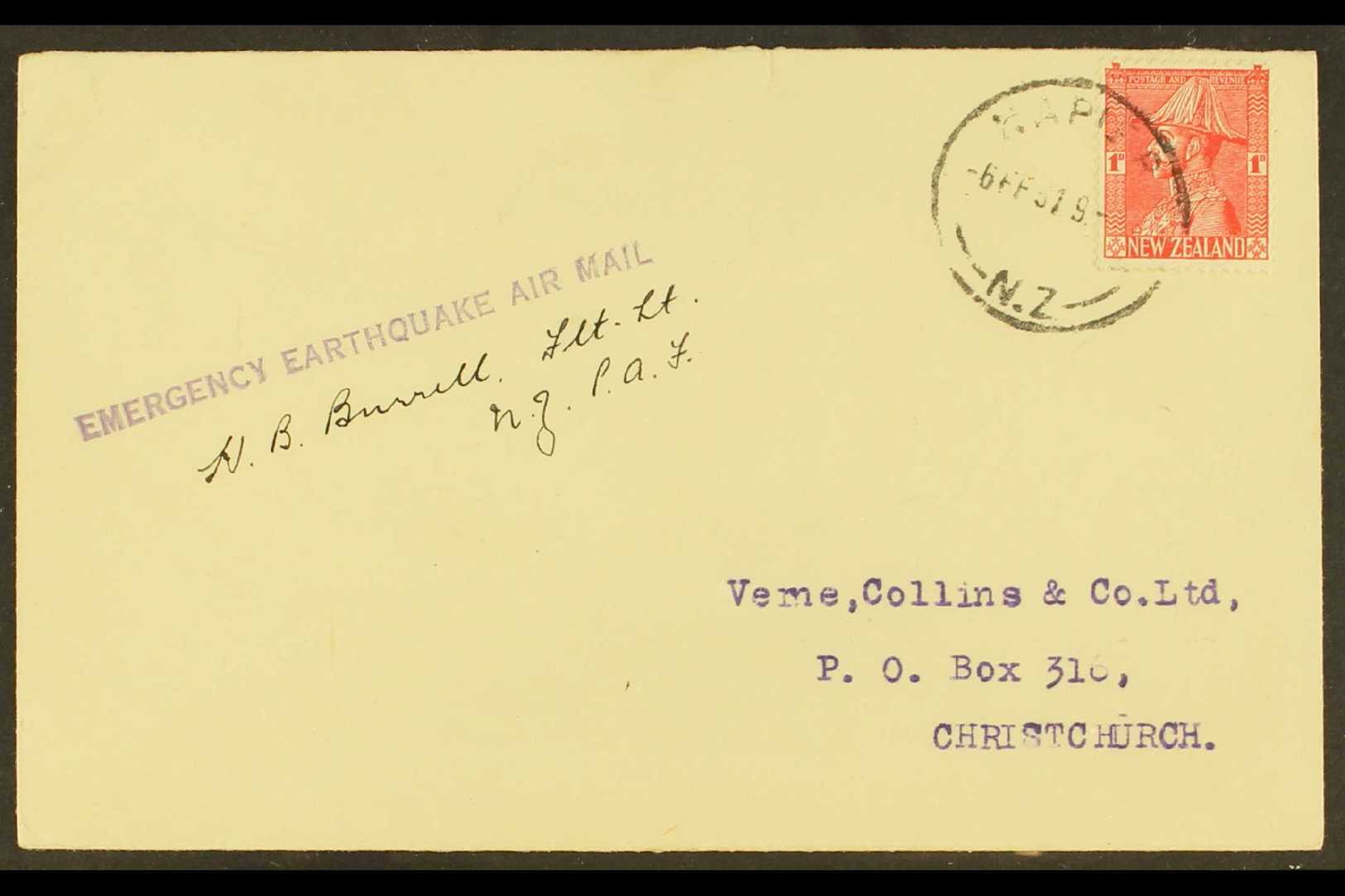 1931 EARTHQUAKE EMERGENCY FLIGHT.  (6 Feb) Cover Addressed To Christchurch, Bearing 1d Stamp Tied By "Napier" Cds, With  - Otros & Sin Clasificación