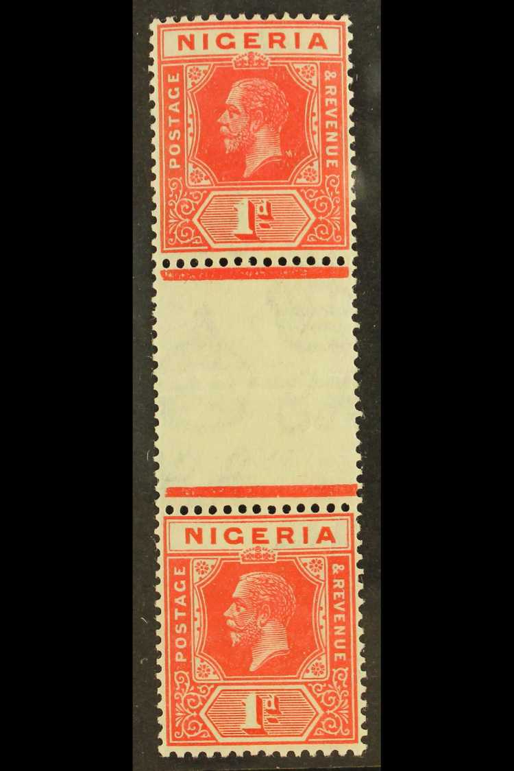 1925  1d Rose- Carmine Vertical Gutter Pair With DIE I + DIE II Stamps , SG 16c, Very Lightly Hinged Mint, Folded Across - Nigeria (...-1960)