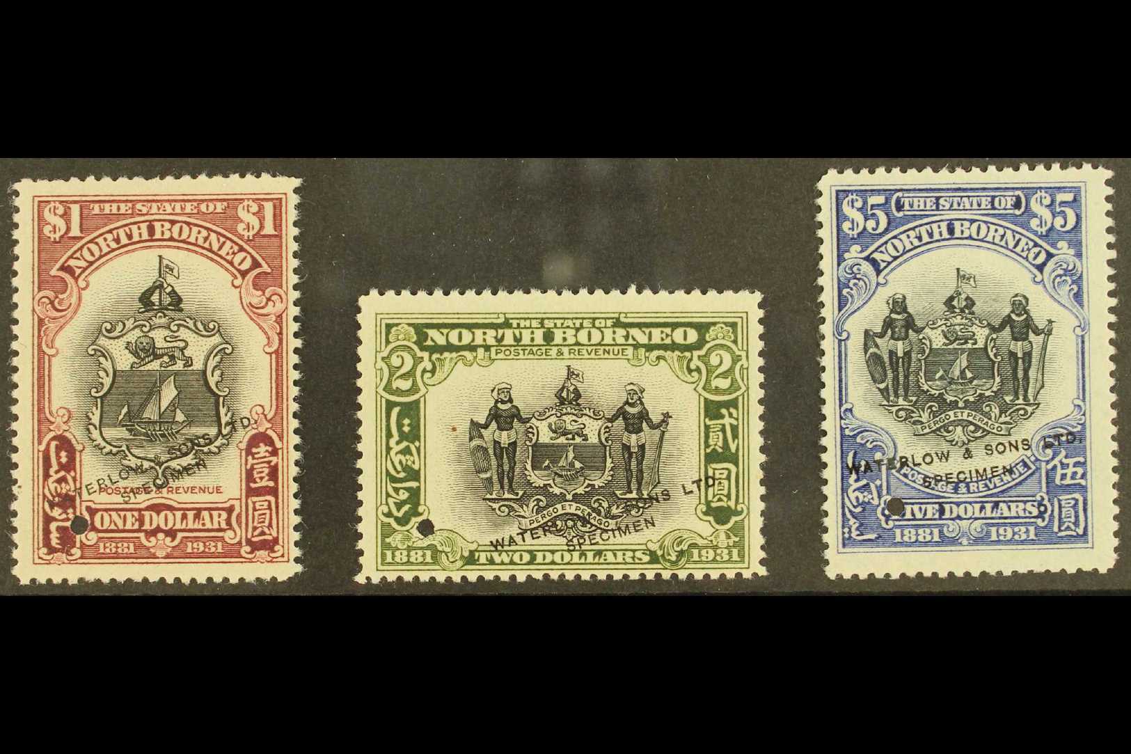 1931  $1, $2 & $5 BNBC Coat Of Arms Stamps In SAMPLE TRIAL COLOURS With Centers In Black And Frames In Unissued Purple,  - Bornéo Du Nord (...-1963)