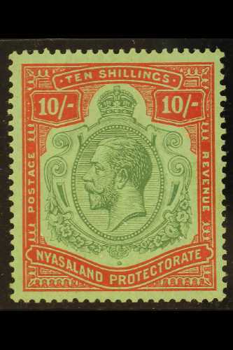 1921-30  10s Green & Red On Pale Emerald With BROKEN CROWN AND SCROLL Variety, SG 113b, Very Fine Mint, Very Fresh, With - Nyassaland (1907-1953)