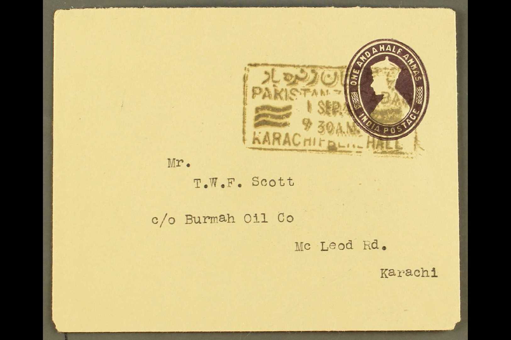 1947  (1st September) Indian 1½a Stationery Envelope, With Good Pakistan Zindabad Boxed Cancel, Addressed To Karachi. Fo - Pakistán