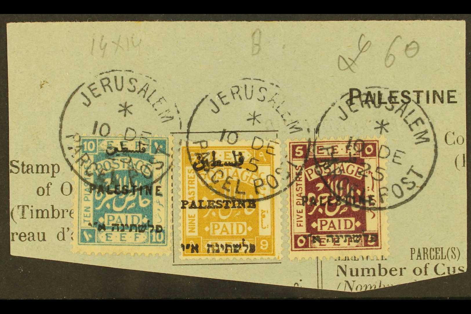 1921  9p Ochre Overprint Type 6 (SG 55, Bale 55) Together With 1922 5p & 10p (SG 82/83) On Part Postal Parcel Receipt Ti - Palestine