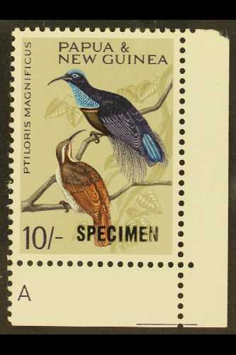 1964  10s Bird Of Paradise "SPECIMEN" Opt'd, SG 71s, Never Hinged Mint Corner Example With Printers Mark. Lovely (1 Stam - Papúa Nueva Guinea