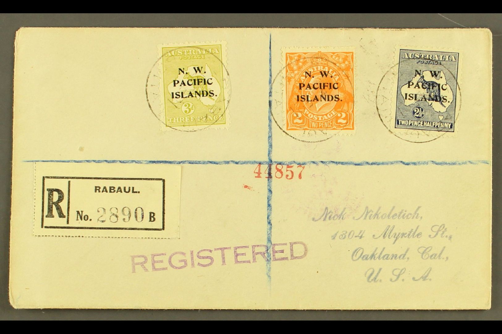 1921 (13 DEC)  Registered Cover To USA, Bearing 1918-22 3d Greenish Olive (SG 109), 2d Orange (SG 121), And 2½d Indigo ( - Papúa Nueva Guinea
