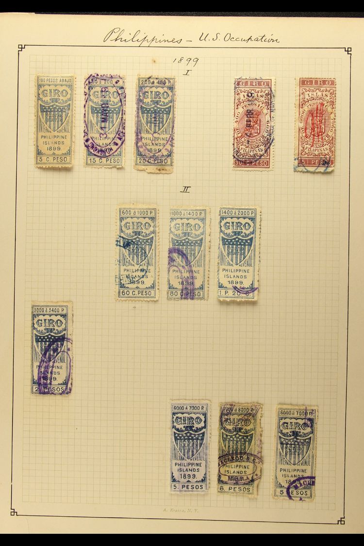 REVENUE STAMPS (U.S. ADMINISTRATION) - GIRO  1898-99 Chiefly Fine Used All Different Collection On Album Page. Comprises - Filipinas