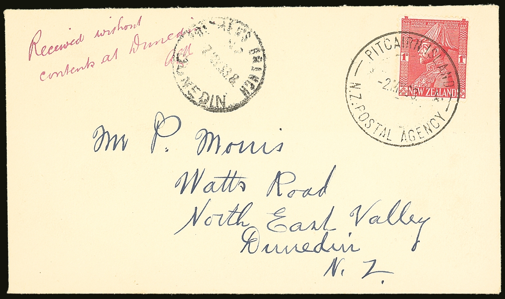 1933  (2 May) Env To Dunedin Bearing NZ 1d Admiral Tied Neat "PITCAIRN ISLAND / N.Z POSTAL AGENCY" Cds With The Dunedin  - Islas De Pitcairn