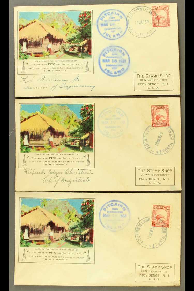 1938  Three Special Cacheted "Pitcairn Island / Radio Communication" Covers, Each Bearing New Zealand 1d Stamp Tied By " - Islas De Pitcairn