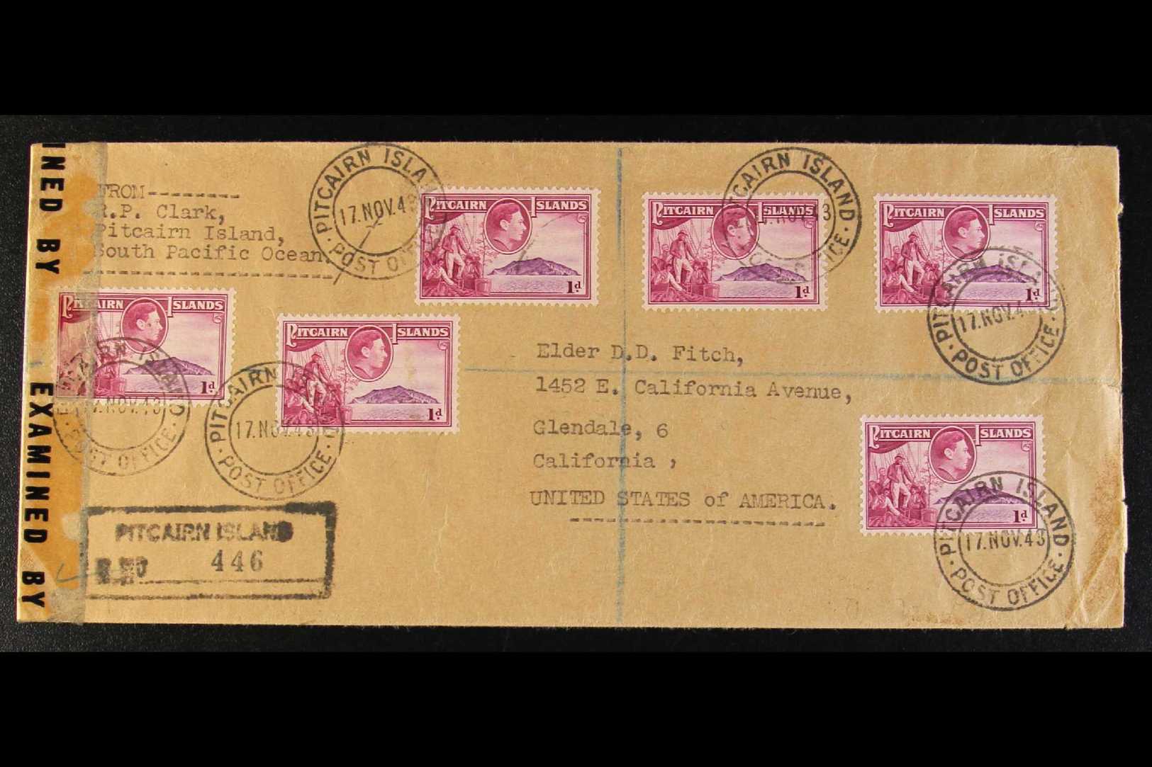 1943  (17 Nov) Registered Censored Cover To USA, Bearing 1d Stamps (x6) Tied By "Pitcairn Island" Cds's, Plus Two Transi - Pitcairn