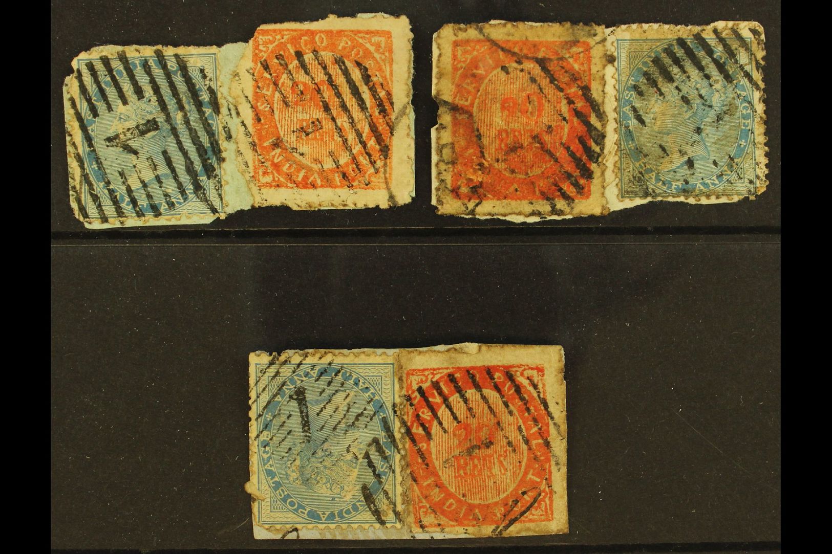 PORTUGUESE INDIA  1870's 20r Vermilion Group Of Three, Each Tied On Small Piece In Conjunction With India QV ½a Blue, So - Otros & Sin Clasificación