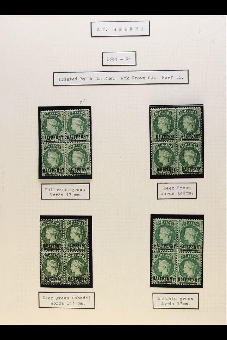 1884-90 FINE MINT BLOCKS OF FOUR  With ½d (4, Emerald And 17mm Words), 1d (both Shades), 2½d (block Of Nine), 2d, And 3d - Sainte-Hélène