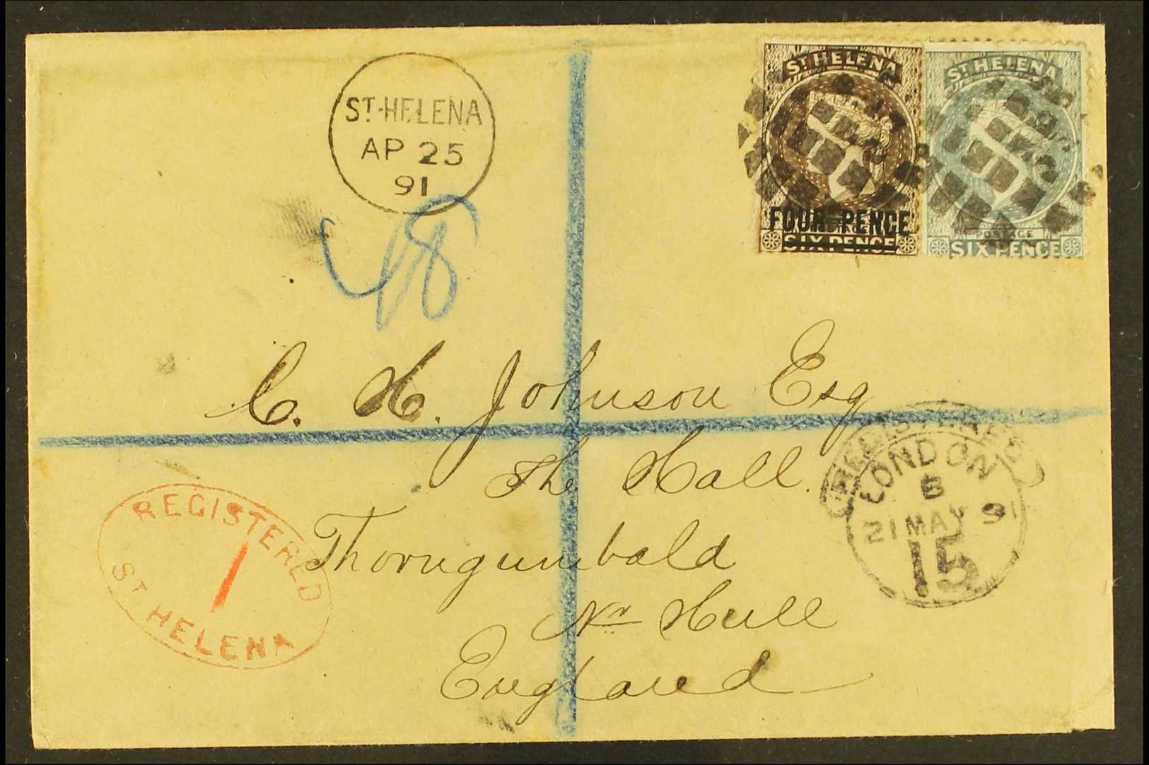 1891  (25 Apr) Env Registered To England Bearing 1884-94 4d & 6d Stamps Tied Cork Pmk, Red Oval "Registered / St Helena" - Sainte-Hélène