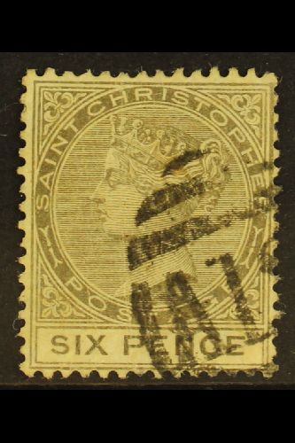 1882-90  6d Olive-brown, Wmk Crown CA, SG 19, Used, Pressed Out Crease, Cat.£400. For More Images, Please Visit Http://w - St.Christopher-Nevis-Anguilla (...-1980)