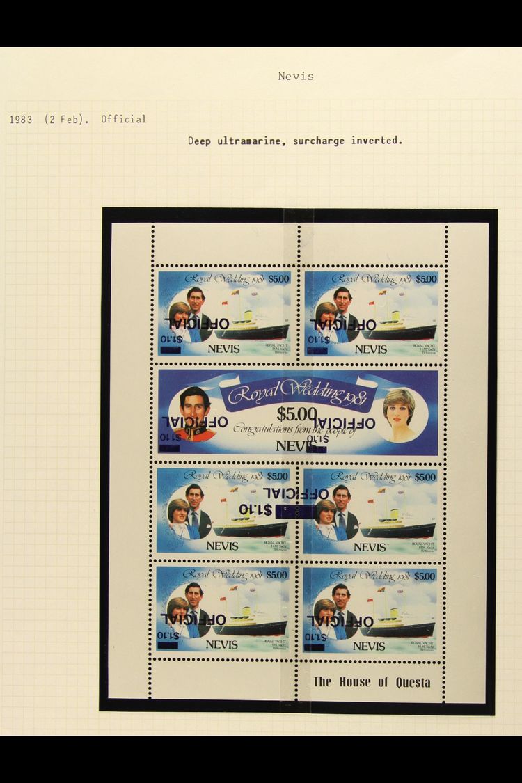 OFFICIALS  1983 Royal Wedding Overprints $1.10 On $5 Complete Sheetlet Of Seven Stamps With INVERTED SURCHARGES In Deep  - San Cristóbal Y Nieves - Anguilla (...-1980)