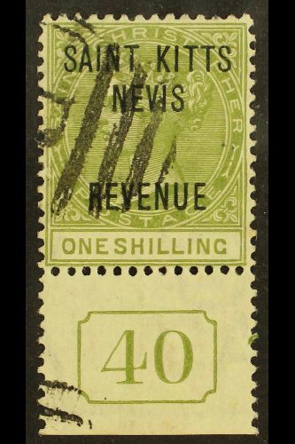 POSTAL FISCAL  1885 1s Olive SG R6, Fine Used With "40" Control Attached. For More Images, Please Visit Http://www.sanda - St.Kitts-et-Nevis ( 1983-...)