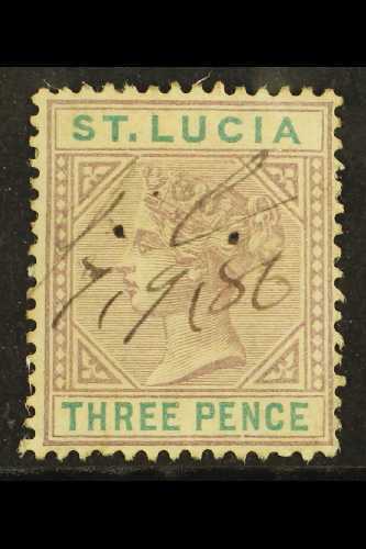 1886-87  3d Dull Mauve & Green - "Detached Triangle" Variety, SG 40a, Lightly Tropicalized With Manuscript Cancel For Mo - Ste Lucie (...-1978)