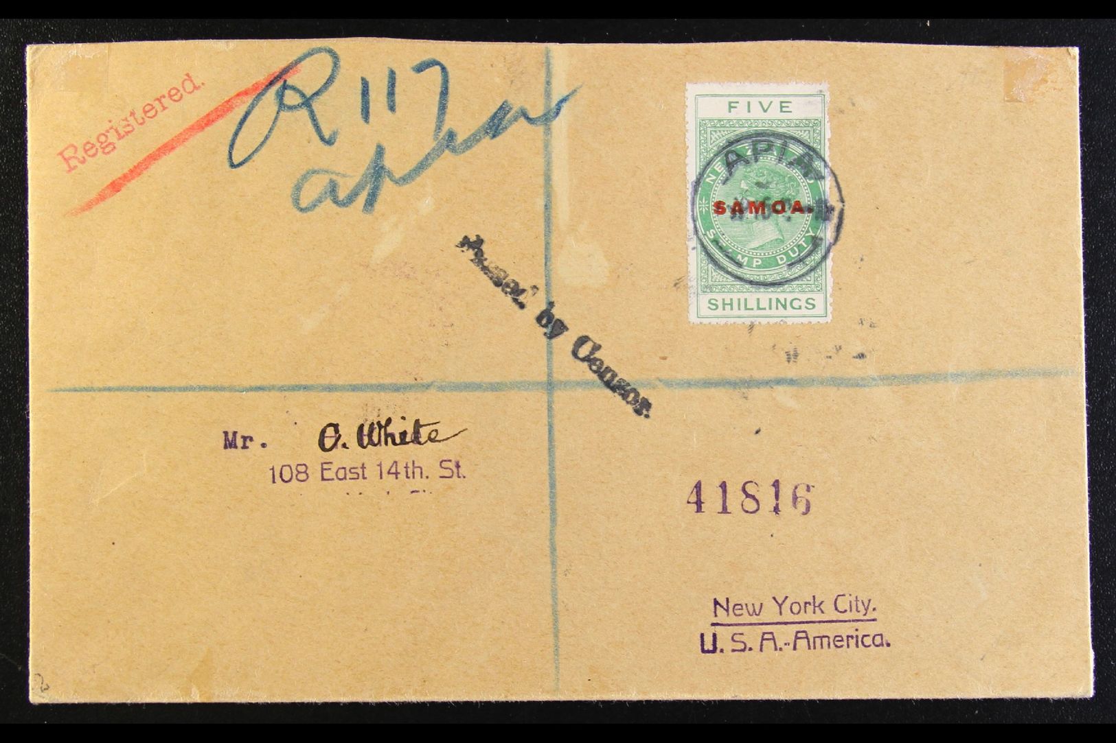 1915 (OCT)  Registered Censored Cover To New York Bearing 1914-24 5s Yellow-green Postal Fiscal, Perf 14, SG 124, Tied B - Samoa