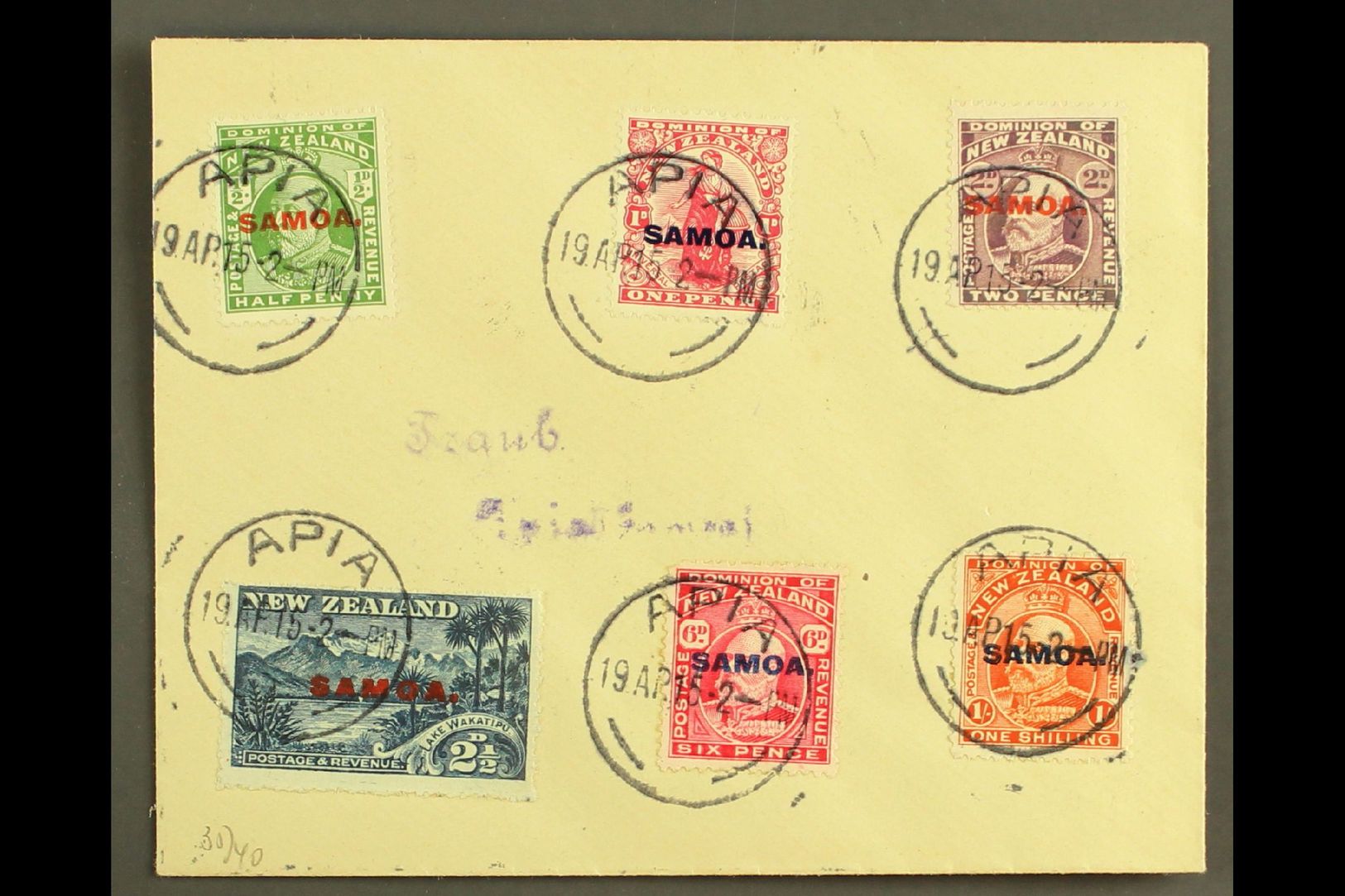 1915  KEVII New Zealand Overprints, Complete Set On Small Plain Cover, SG 115/21, Each With Strike Of "APIA" 19.4.15 Pmk - Samoa (Staat)