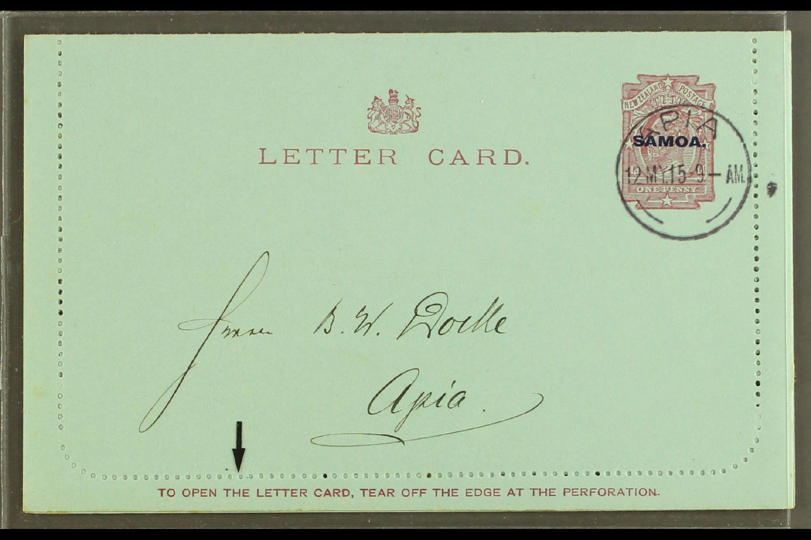 1915 LETTER CARD  1d Dull Claret On Blue, Inscription 94mm, H&G 1a, Posted Locally, Apia 12.05.15, Clean & Fine With Bin - Samoa