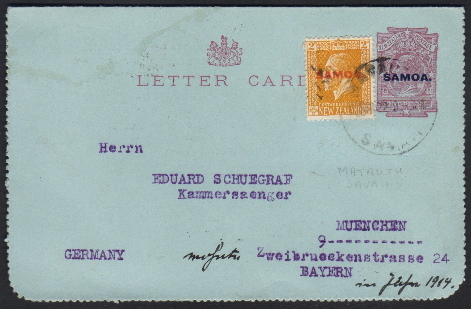 1916  1d Dull Claret  On Blue Letter Card, H&G 1, Uprated With 1918 2d Yellow Sent 1922 (16 March) From Safune Via Matau - Samoa