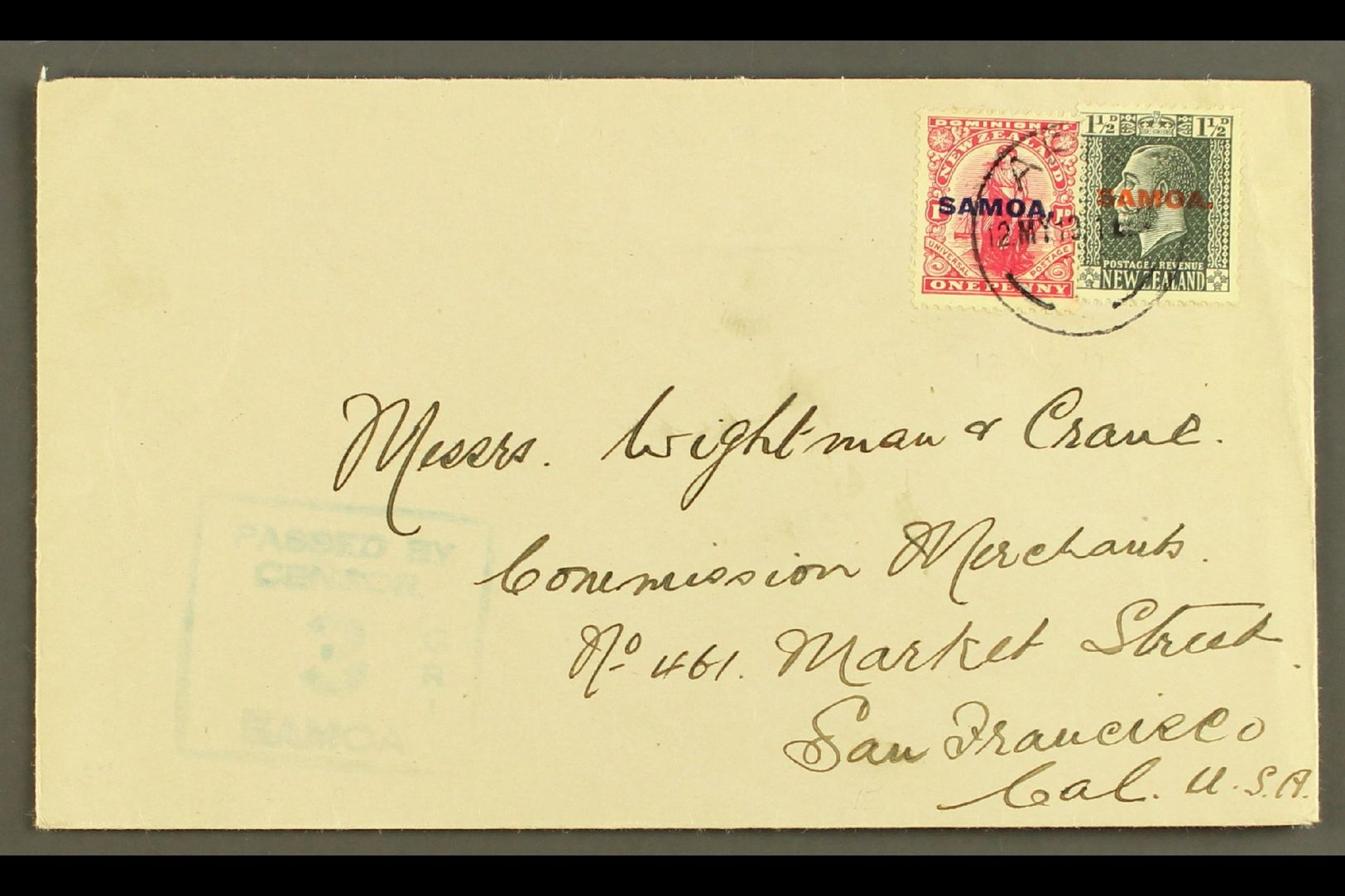 1919  Plain Cover To USA, Sent 2½d Rate, Franked 1d & KGV 1½d Slate, SG 116, 135, Apia 12.05.19 Postmark, Censor "3" Cac - Samoa (Staat)
