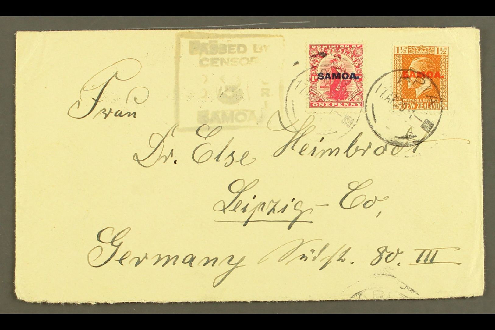 1920  Plain Cover To Germany, Sent 2½d Rate, Franked 1d & KGV 1½d , SG 116, 136, Apia 17.04.20 Postmarks, Censor "3" Cac - Samoa (Staat)