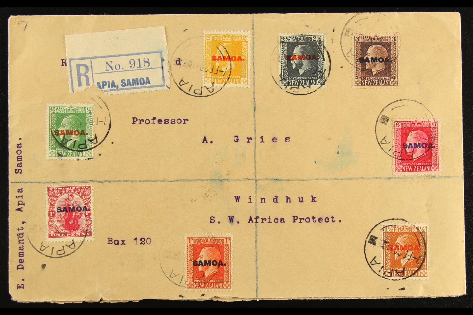 1920 REGISTERED COVER  To South West Africa, Bearing Eight Different 1916-19 Opt Values To 1s. For More Images, Please V - Samoa