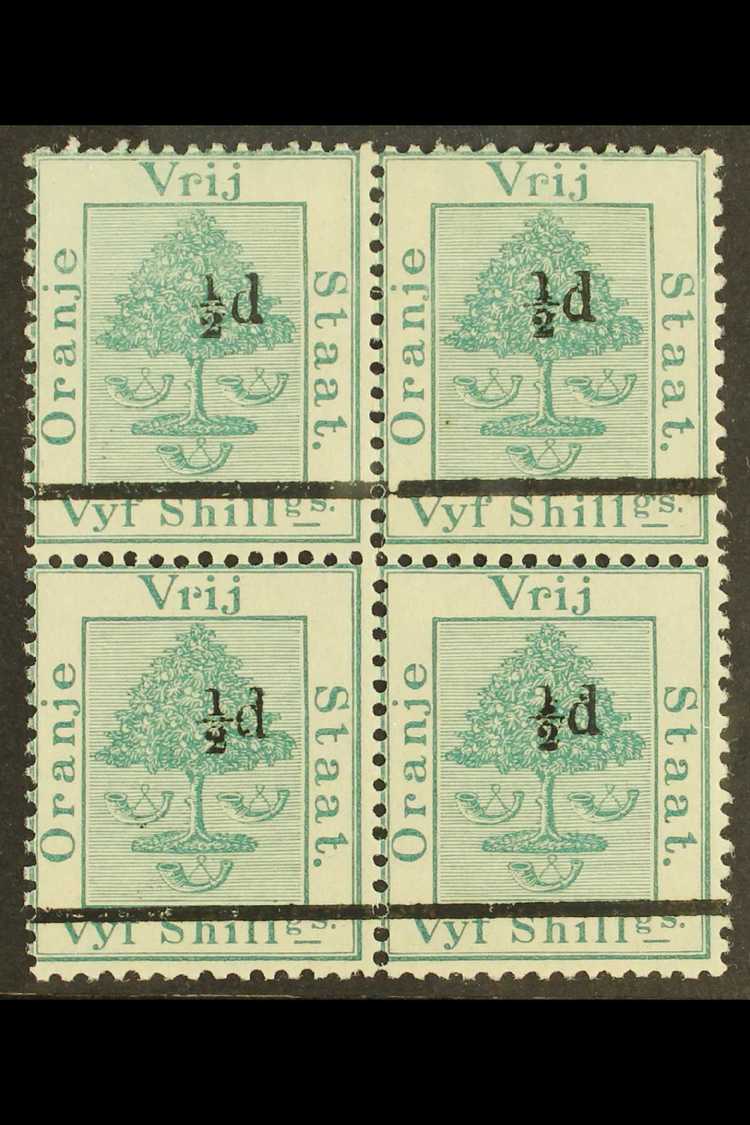 1882  ½d On 5s Green, In A BLOCK OF FOUR, SG 36, Mint, Hinged On Top Pair Only, Lower Pair Never Hinged Mint. For More I - Sin Clasificación