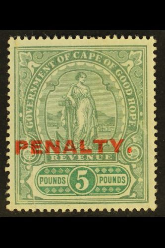 CAPE OF GOOD HOPE  REVENUE - 1911 £5 Green & Green, Standing Hope Ovptd "PENALTY" Barefoot 11, Couple Of Vertical Crease - Non Classés