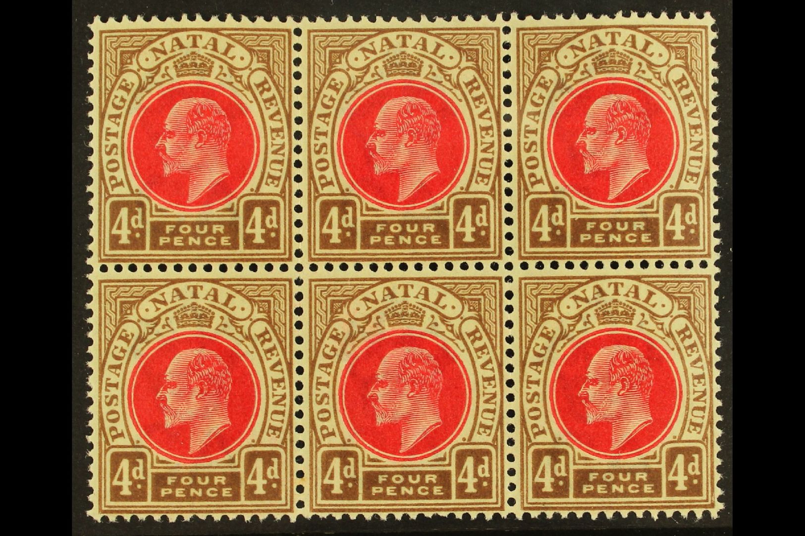 NATAL  1902-3 4d Carmine & Cinnamon, Wmk Crown CA , BLOCK OF SIX, SG 133, Very Slightly Toned Gum, Otherwise Never Hinge - Sin Clasificación