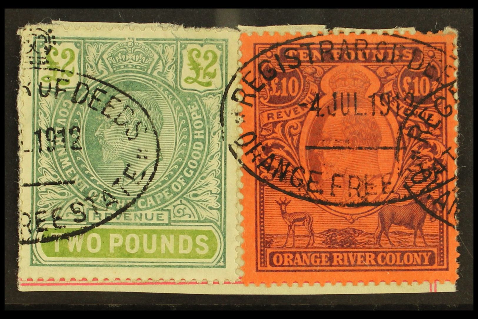 ORANGE RIVER COLONY  REVENUES - INTERPROVINCIAL USE Piece Dated 4.7.12 With O.R.C. 1905 £10 Brown & Purple On Red (Baref - Sin Clasificación