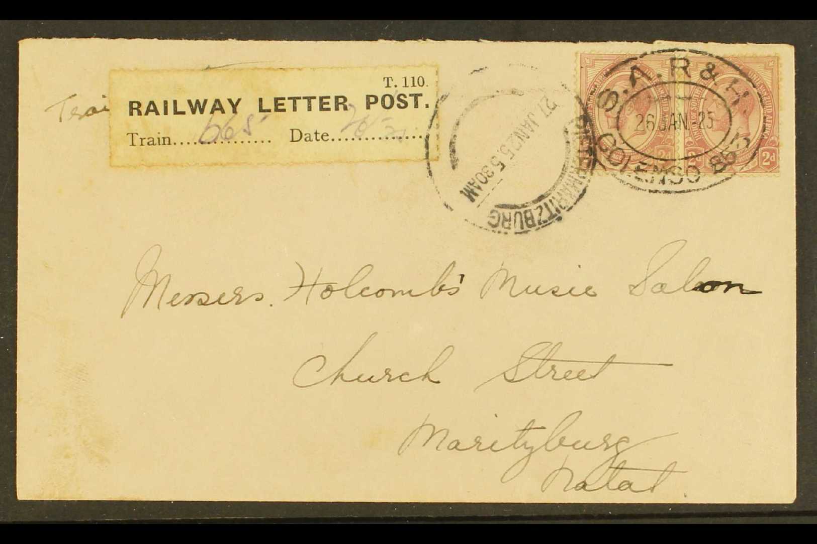 1925 RAILWAY LETTER POST COVER  2d KGV Pair On Cover, Cancelled With Oval "S.A.R. & H. COLENSO 853" 26.1.25 Postmark, "T - Sin Clasificación