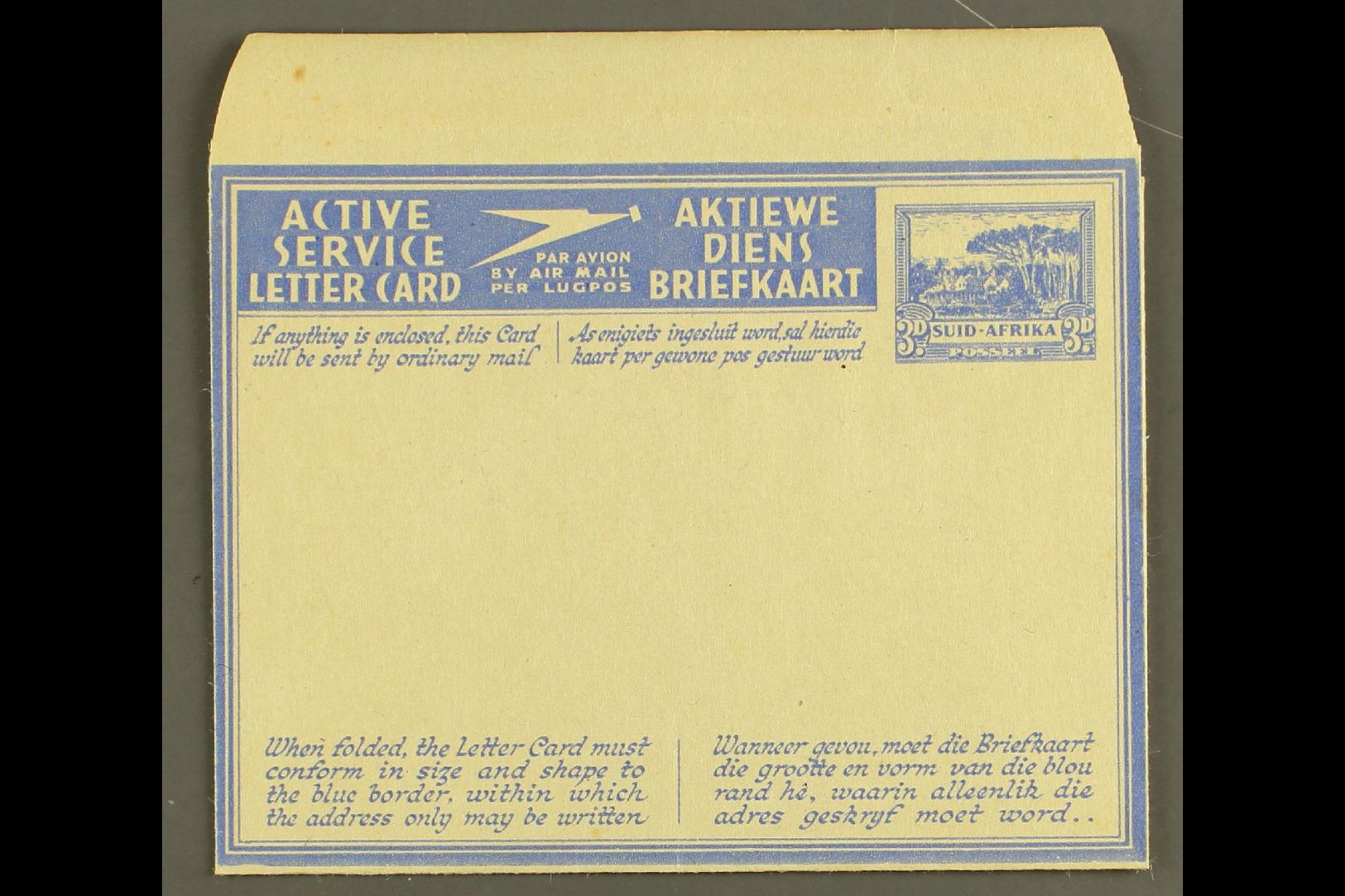 AEROGRAMME  1941 3d Ultramarine On Buff With Blue Overlay, Afrikaans Redrawn Stamp Impression (tops Of Trees No Longer T - Non Classés