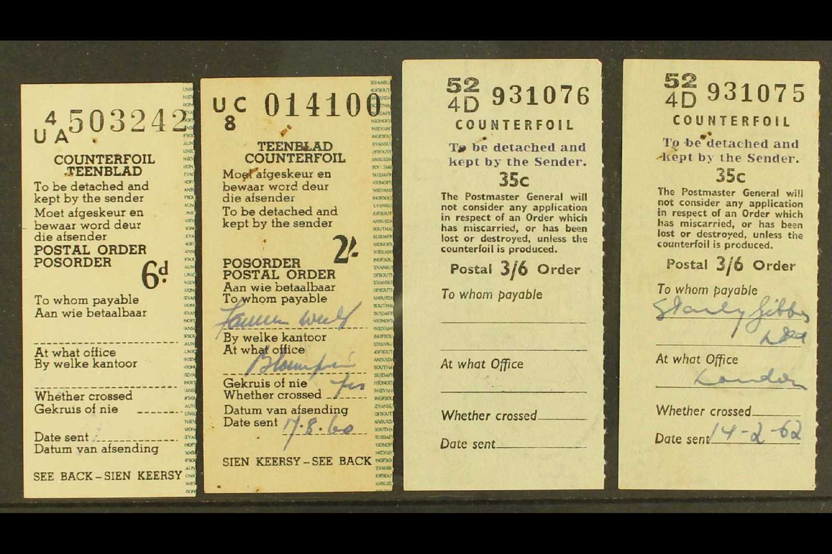 POSTAL ORDER COUNTERFOILS  Group Incl. Two Union Type 6d & 2s Values With "Ramsgate" 9.8.60 C.d.s. On Reverse And GB Typ - Sin Clasificación