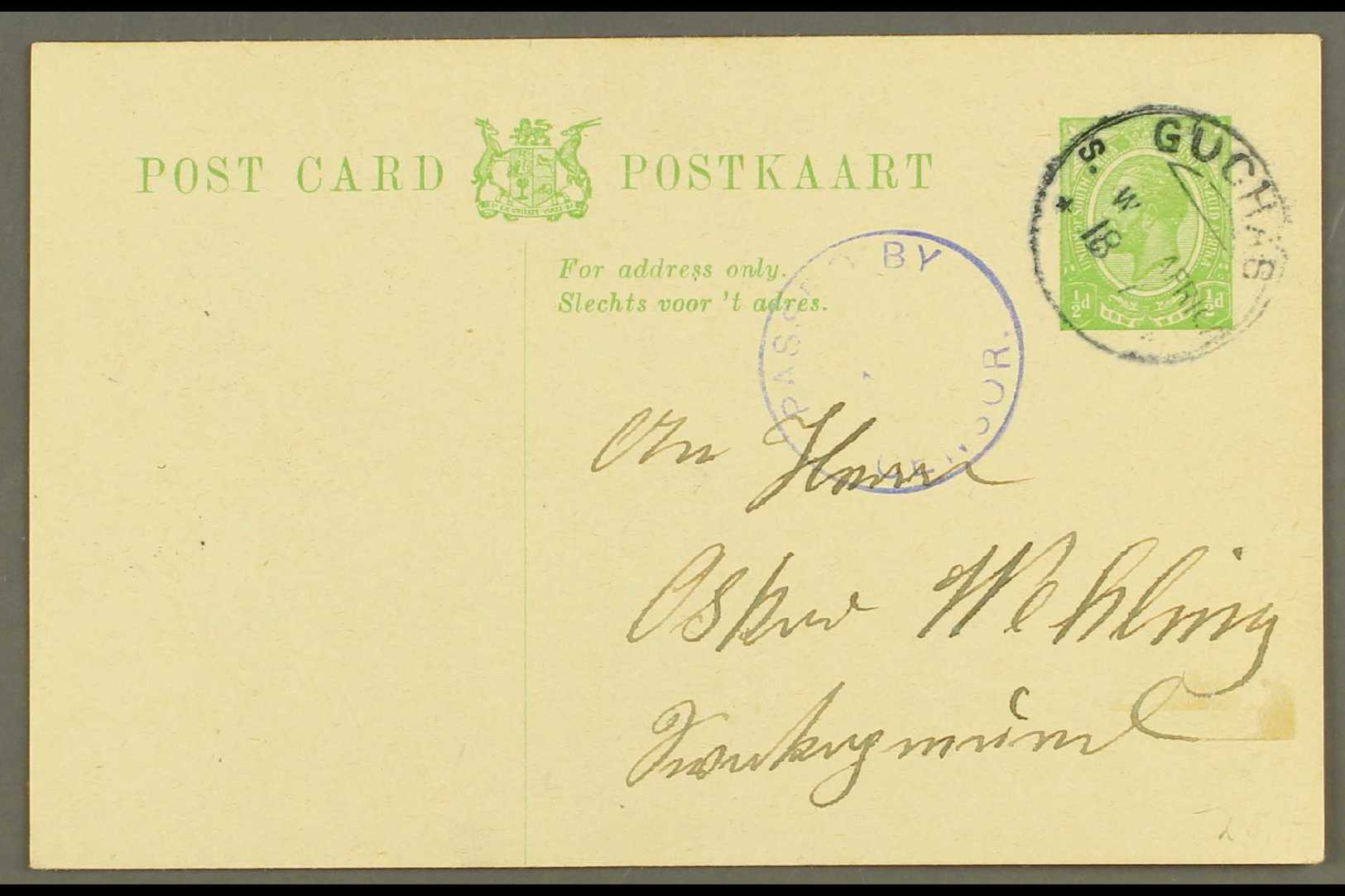 1917  (18 Jul) ½d Union Postal Card To Swakopmund Postmarked By Fine "GUCHAB" Converted German  Cds Canceller Without Ye - Afrique Du Sud-Ouest (1923-1990)