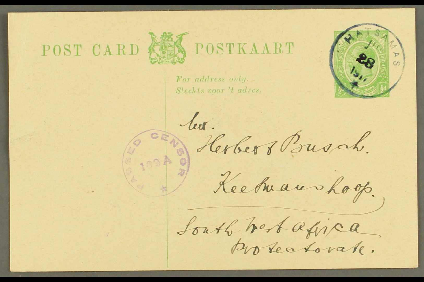 1917  (28 Jul) ½d Union Postal Card To Keetmanshoop Cancelled By A Very Fine "HATSAMAS" Blue- Grey Rubber Cds, Putzel Ty - África Del Sudoeste (1923-1990)