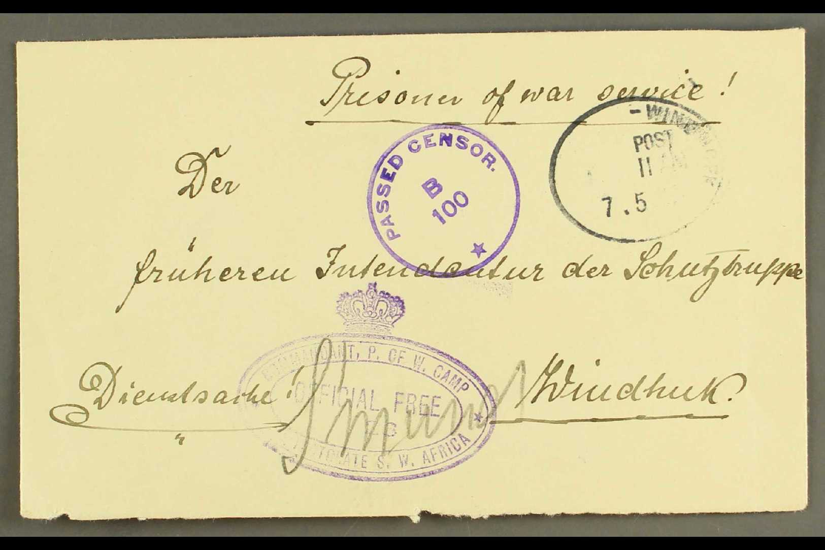 1917  Stampless Env Endorsed "Prisoner Of War Service!" From The Camp At Swakopmund To Windhuk, Postmarked "WINDHOEK" On - Afrique Du Sud-Ouest (1923-1990)