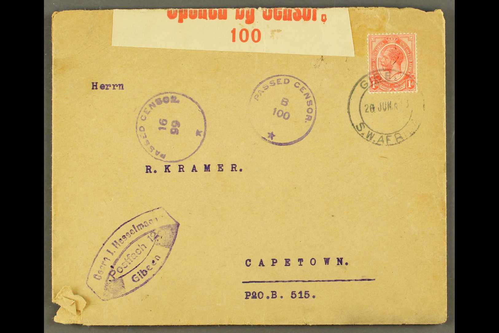 1918  (26 Jun) Env To Cape Town Bearing 1d Union Stamp Tied By "GIBEON" Cds Postmark, Putzel B3 Oc, Two Different Circul - África Del Sudoeste (1923-1990)