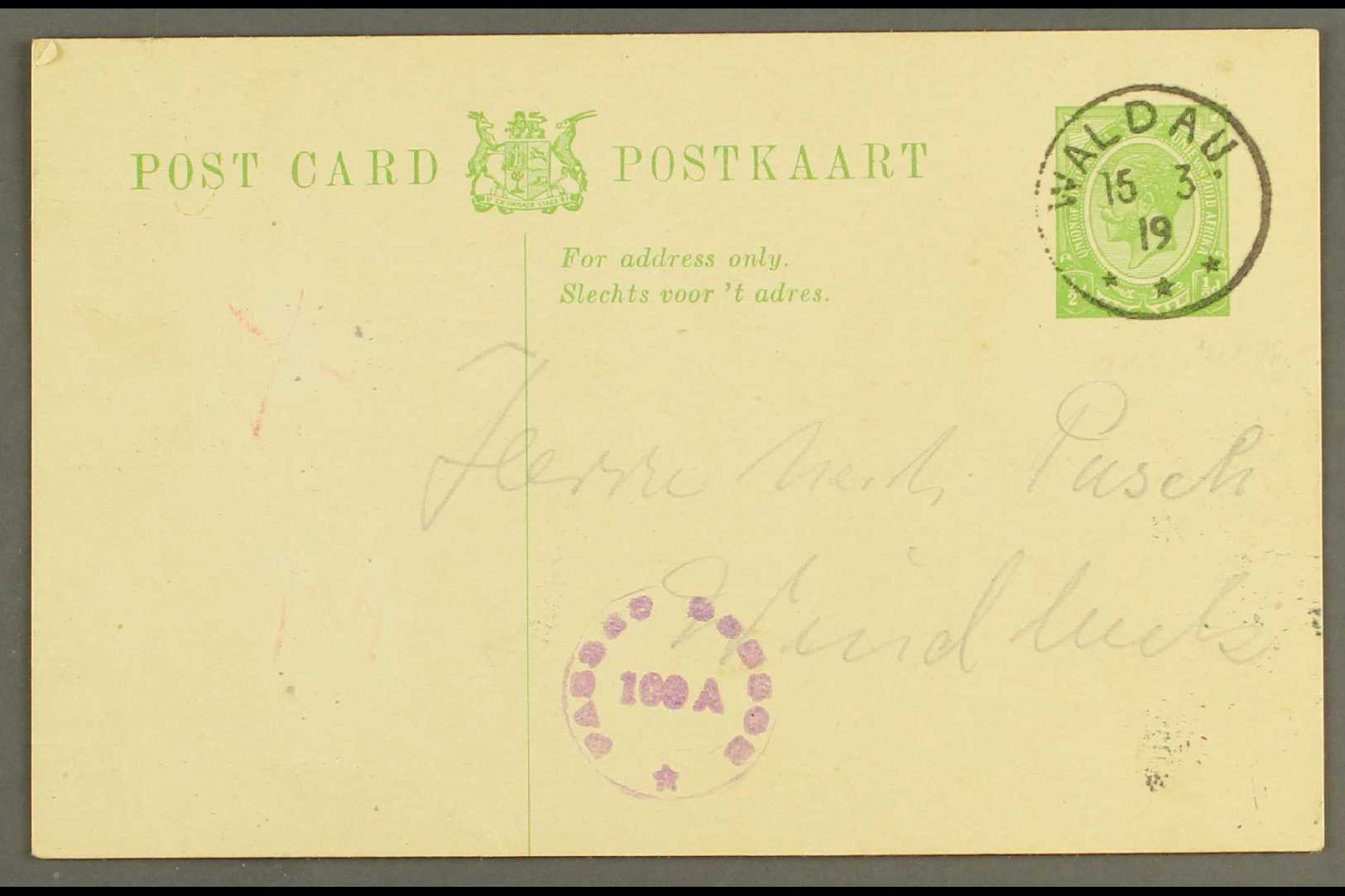 1919  (15 Mar) ½d Union Postal Card To Windhuk Showing Very Fine "WALDAU" Converted German Canceller, Putzel Type B4 Oc, - África Del Sudoeste (1923-1990)