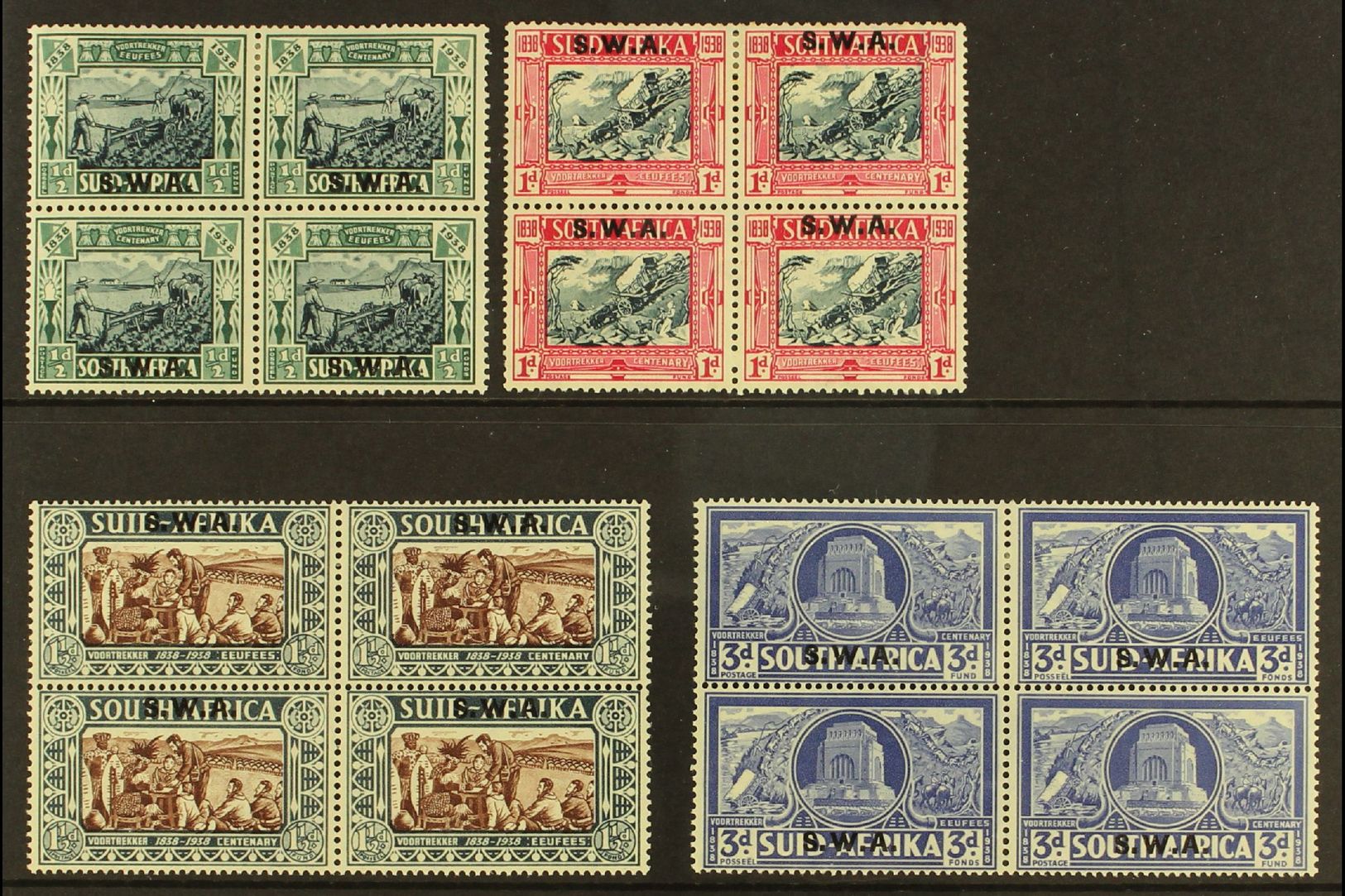 1938   Voortrekker Centenary Memorial Set, SG 105/108 In Fine Mint/NHM Blocks Of 4, The Lower Stamps In Each Block Being - Afrique Du Sud-Ouest (1923-1990)