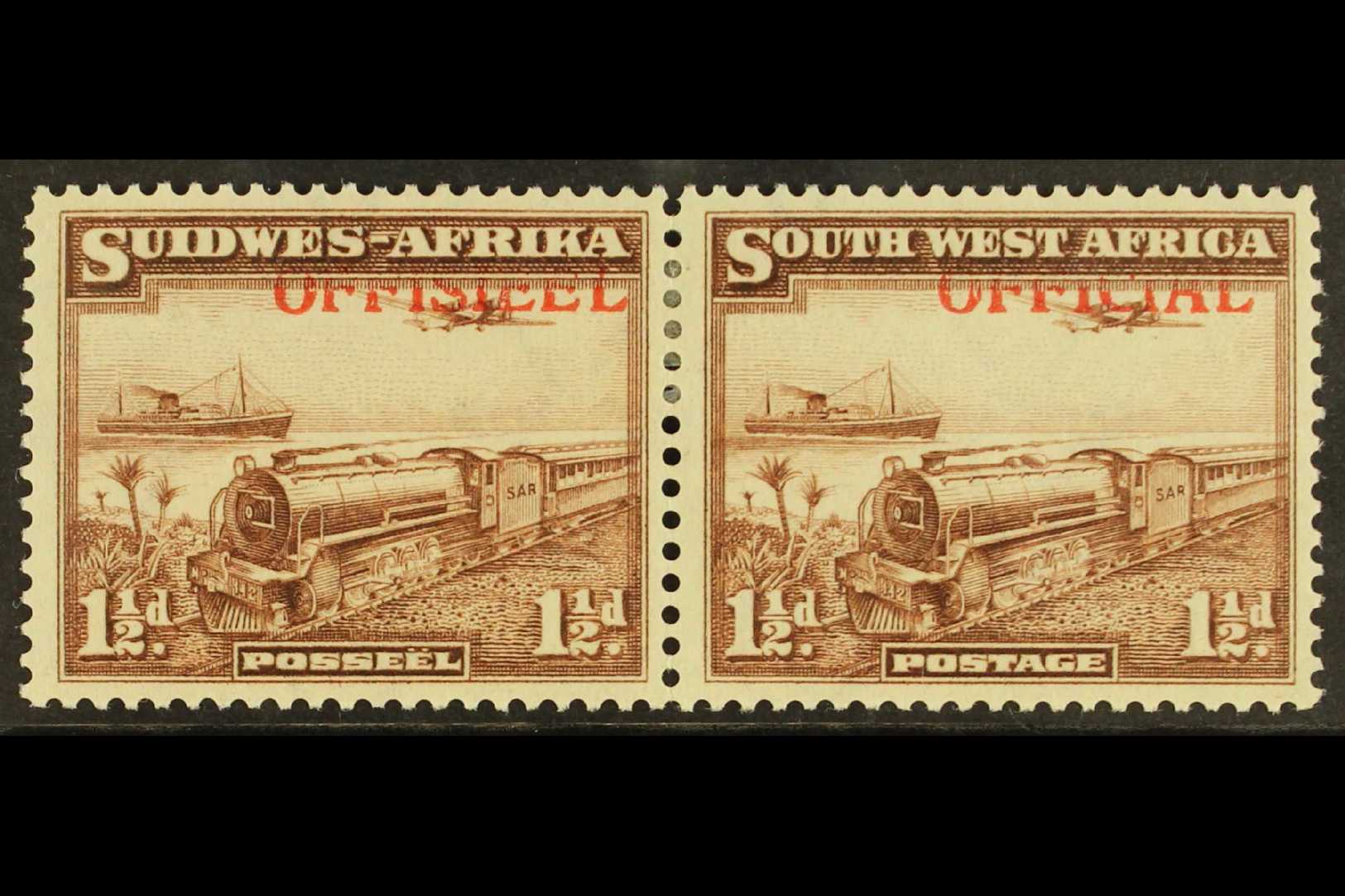 OFFICIALS  1945-50 1½d Ovpt Shifted Top Right SG O20 (SACC 20b), Very Fine Mint Pair. For More Images, Please Visit Http - África Del Sudoeste (1923-1990)