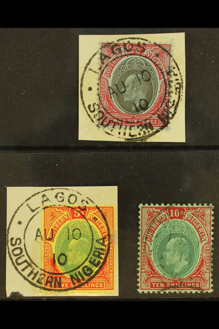 1907-11  2s6d To 10s Used, SG 41/43, 2s6d & 5s "on Piece" With Full, Upright Lagos Cds. Pretty Group (3 Stamps) For More - Nigeria (...-1960)
