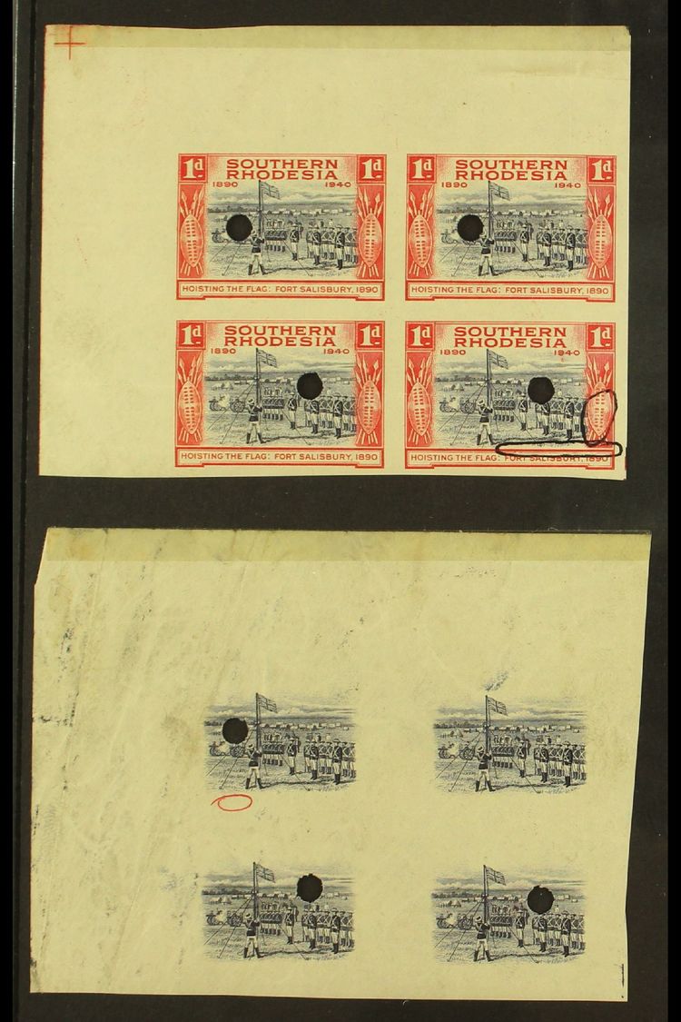 1940  1d Violet- Blue And Scarlet BSAC Golden Jubilee IMPERFORATE PROOF BLOCK OF FOUR In The Issued Colours Each With A  - Southern Rhodesia (...-1964)