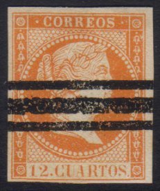 1859 UNISSUED.  1859 12c Orange Isabel II, Edifil NE1AS, With 4 Margins, Full Gum & Roller Remainder Cancel. For More Im - Otros & Sin Clasificación