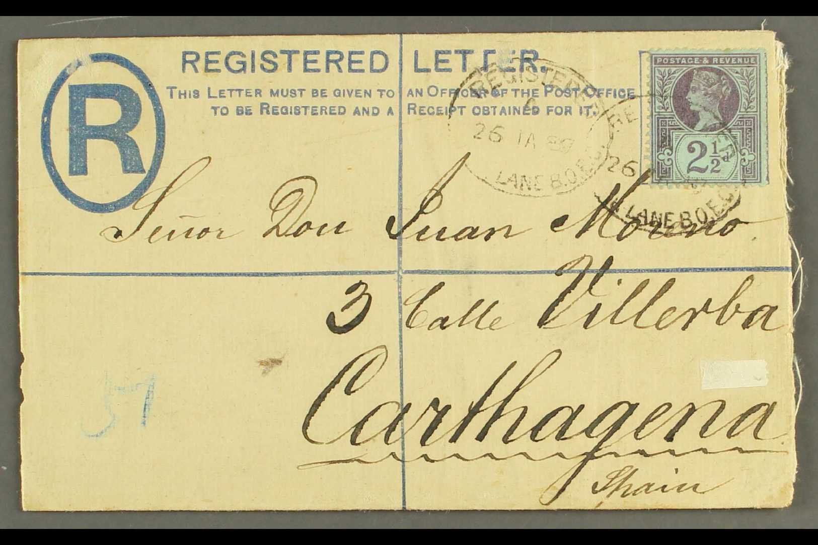 1887 INTACT REGISTERED COVER.  1887 (26 Jan) 2d Registered Stationery Envelope From London, England To Carthagena, Uprat - Otros & Sin Clasificación