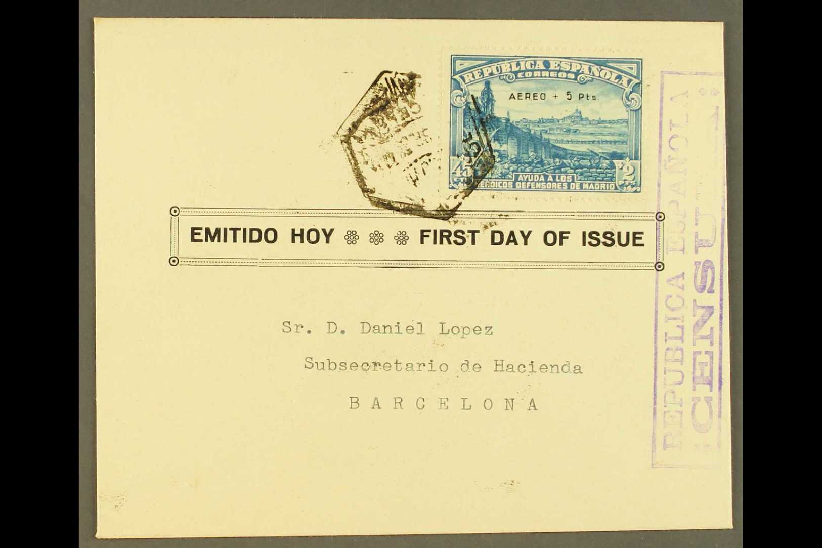 1938  45c + 2p + 5p Blue Defence Of Madrid Relief Fund , SG 759, Superb Used On Censored Sep 1938 (non FDC) Cover. For M - Autres & Non Classés