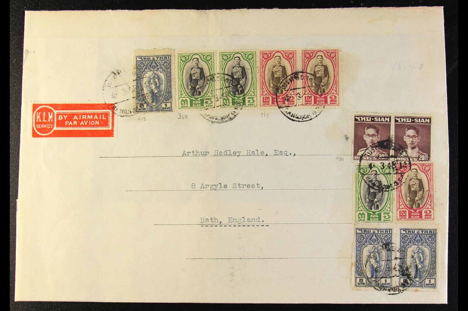 1948  Cover Front To Bath, England Bearing A KLM Airmail Service Label, 1928 Prajadhipok 2b X3, 3b X3, 1943-48 Mahidol 1 - Thaïlande