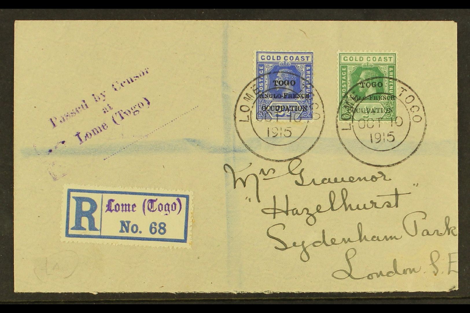 ANGLO-FRENCH OCCUPATION  1915 (10 Oct) Registered Censored Cover To London, Bearing 1915 ½d & 2½d Opts (SG H34 & H37) Ti - Autres & Non Classés