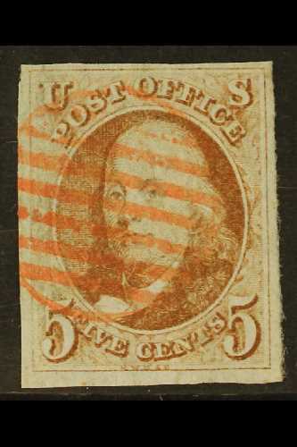 1847-50  5c Reddish Brown Franklin, SG 1, Scott 1, Four Margins And Neat Red Circle Of Bars Cancel, Buhler Guarantee Mar - Sonstige & Ohne Zuordnung