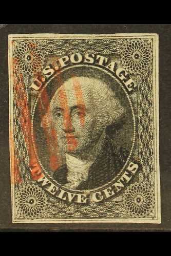 1851-57  12c Grey Black Washington, SG 19, Scott 17, With Four Neat Margins And Red Barred Cancel, Buhler Guarantee Mark - Other & Unclassified
