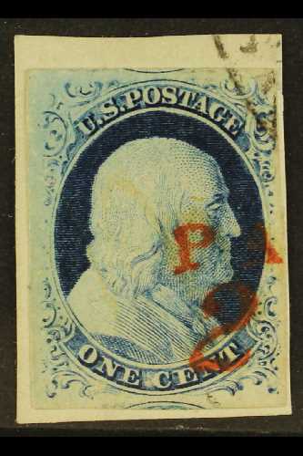 1851-57  1c Blue Franklin, Type IV, SG 11, Scott 9, On A Piece With Part Cds And Red "Paid 2" Mark, Good Margins. For Mo - Autres & Non Classés